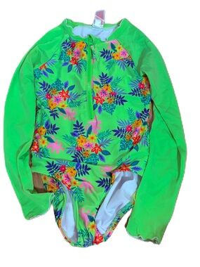 Cat & Jack Long Sleeve One Piece Swimsuit Small 6/7 Rash Guard Floral Tropical